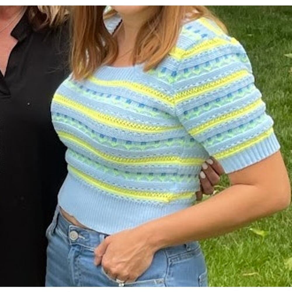Hope’s Blue Yellow Striped Crochet Crop Top Sweater